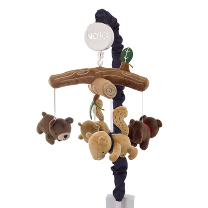 NoJo Into the Wilderness Brown, Tan and Navy, Logs, Bear and Beaver Plush Musical Mobile