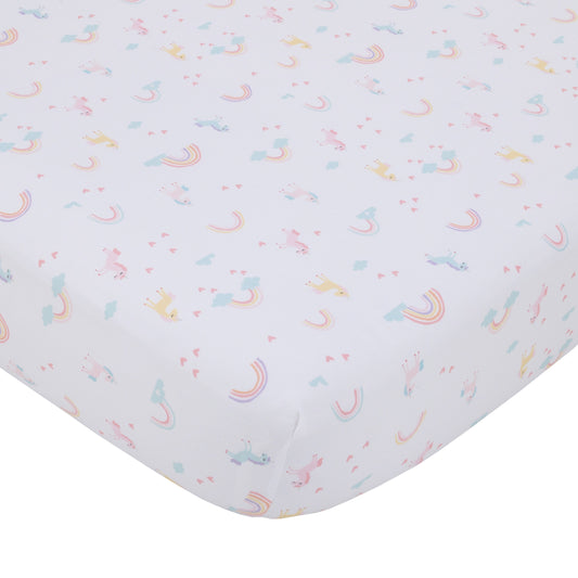 Little Love by NoJo Rainbow Unicorn Pink, Aqua, Yellow and White Fitted Crib Sheet