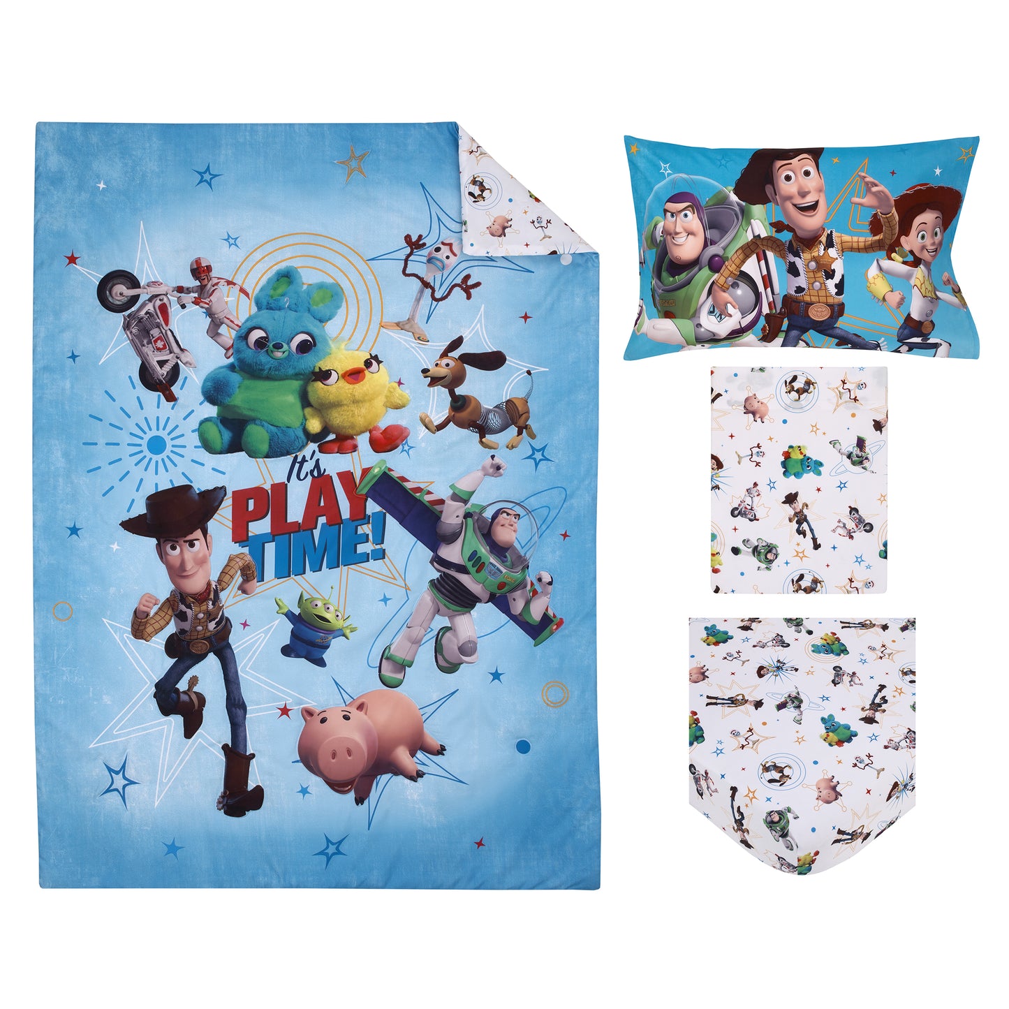 Disney Toy Story It's Play Time Blue, Green, Red, and Yellow, Woody and Buzz 4 Piece Toddler Bed Set - Comforter, Fitted Bottom Sheet, Flat Top Sheet, and Reversible Pillowcase