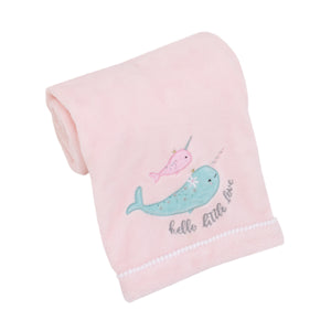 Under the Sea Whimsy Pink and Blue Narwhals Super Soft Appliqued Baby Blanket