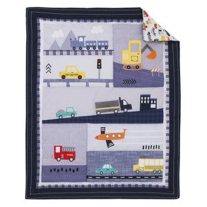 NoJo Transportation Trails Navy, Red, and Yellow Busy Cars, Trucks, Fire Engines 4 Piece Nursery Crib Bedding Set - Comforter, 100% Cotton Fitted Crib Sheet, Crib Skirt, and Nursery Organizer