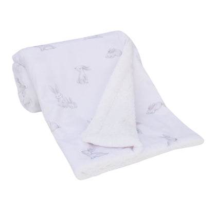 NoJo Sweet Bunny White, Pink, and Gray Super Soft Plush Sherpa Baby Blanket