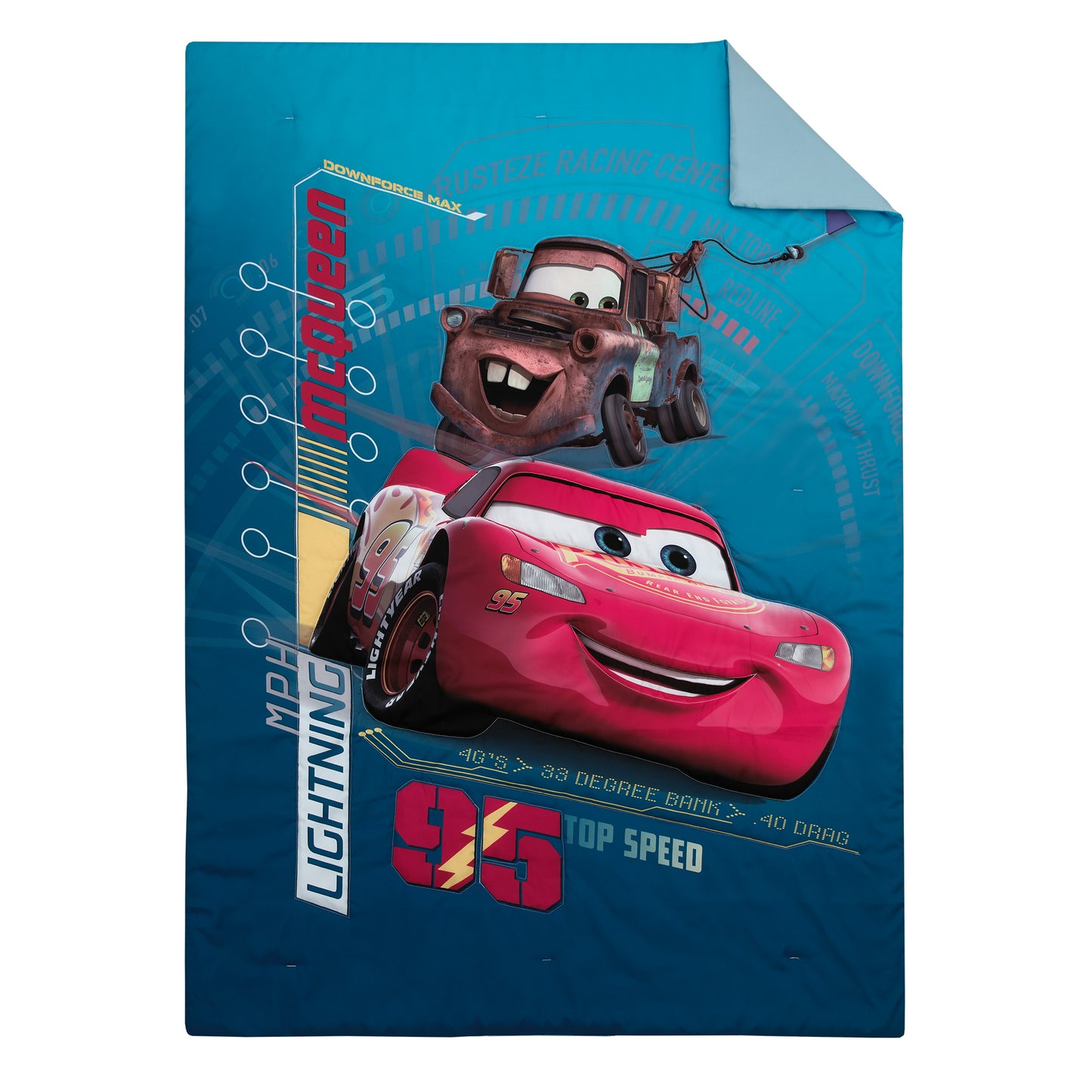 Disney Cars Piston Cup Circuit Blue, Red, and Yellow, Lightning McQueen and Mater 4 Piece Toddler Bed Set - Comforter, Fitted Bottom Sheet, Flat Top Sheet, and Reversible Pillowcase