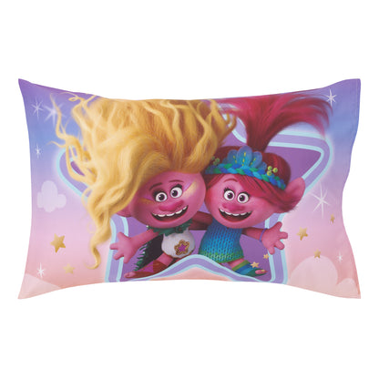 DreamWorks Trolls Glam Together Purple, Pink, and Blue, Poppy and Viva 4 Piece Toddler Bed Set - Comforter, Fitted Bottom Sheet, Flat Top Sheet, and Reversible Pillowcase