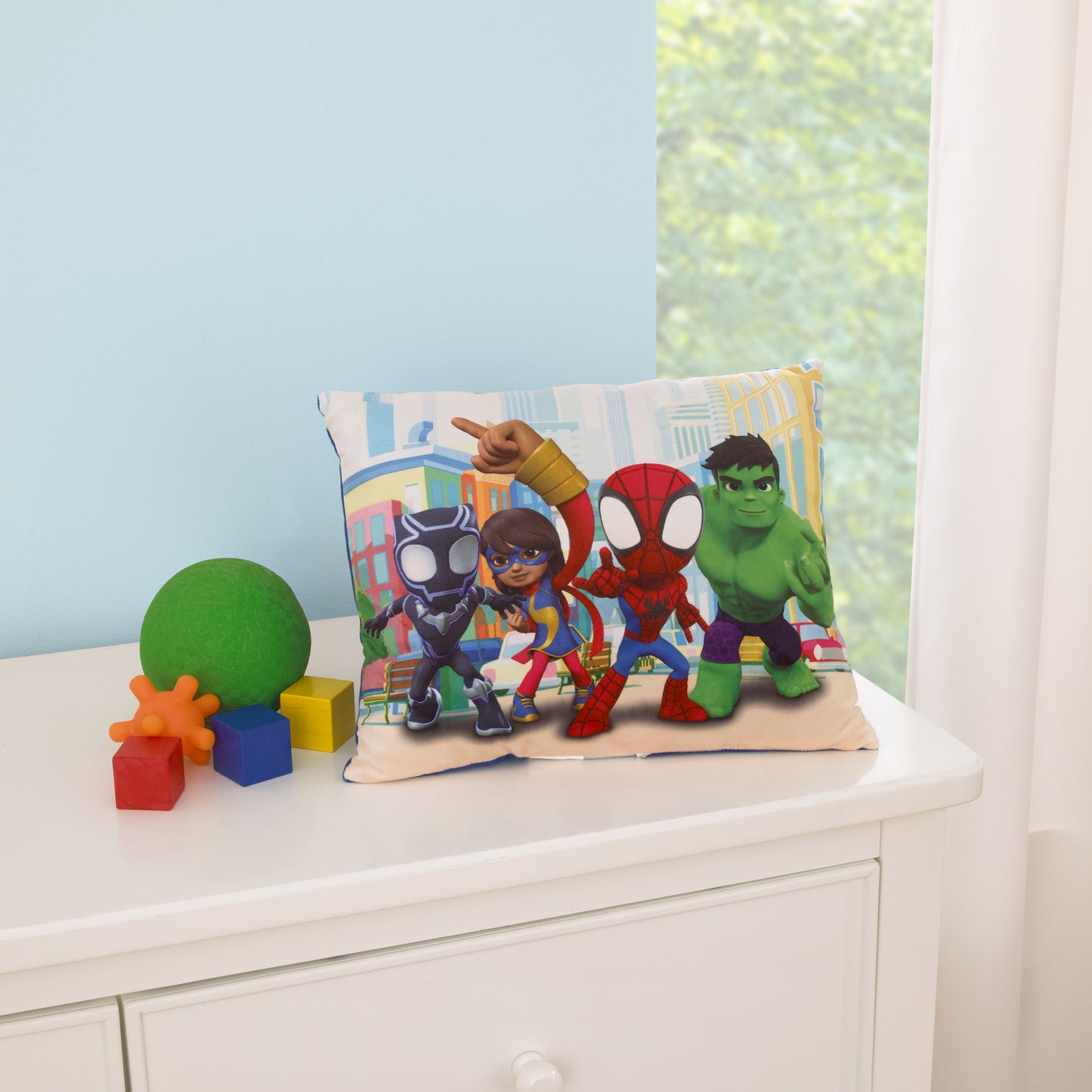 Marvel Spidey and His Amazing Friends Blue, Red, Yellow, and Green, Team Up Decorative Toddler Pillow