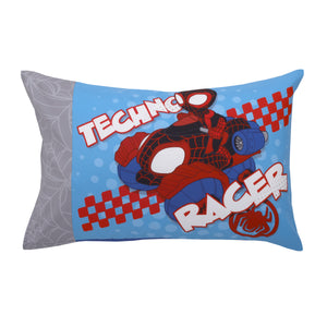 Marvel Spider-Man Spidey and his Amazing Friends Spidey Time Red, Blue, and Grey 4 Piece Toddler Bed Set - Comforter, Fitted Bottom Sheet, Flat Top Sheet, and Reversible Pillowcase