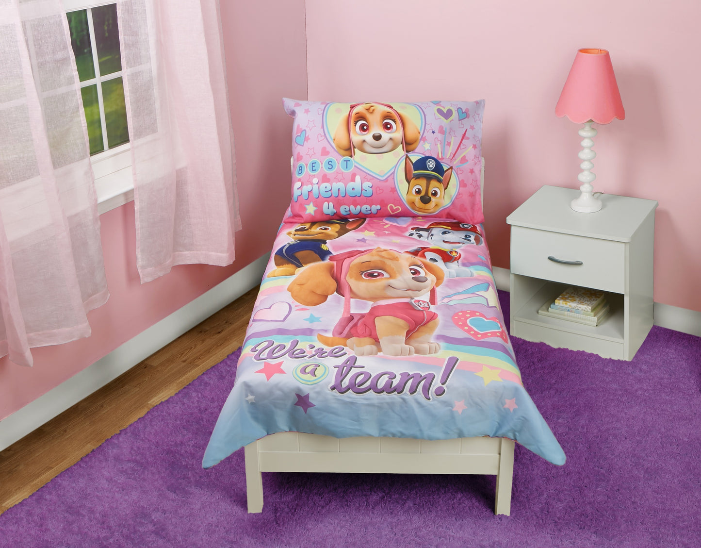 NoJo Paw Patrol Skye We're A Team 4 Piece Toddler Bed Set - Includes Comforter, Fitted Bottom Sheet, Flat Top Sheet, Reversible Pillowcase