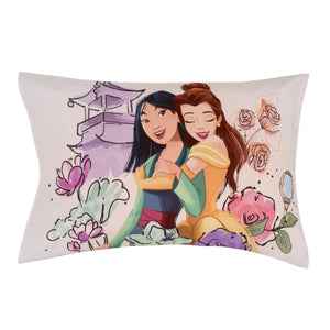 Disney Princesses Courage and Kindness Pink, Blue, and White, Rapunzel, Ariel, Tiana, Moana, Jasmine, Cinderella, Mulan, Belle, and Snow White 4 Piece Toddler Bed Set - Comforter, Fitted Bottom Sheet, Flat Top Sheet, and Reversible Pillowcase