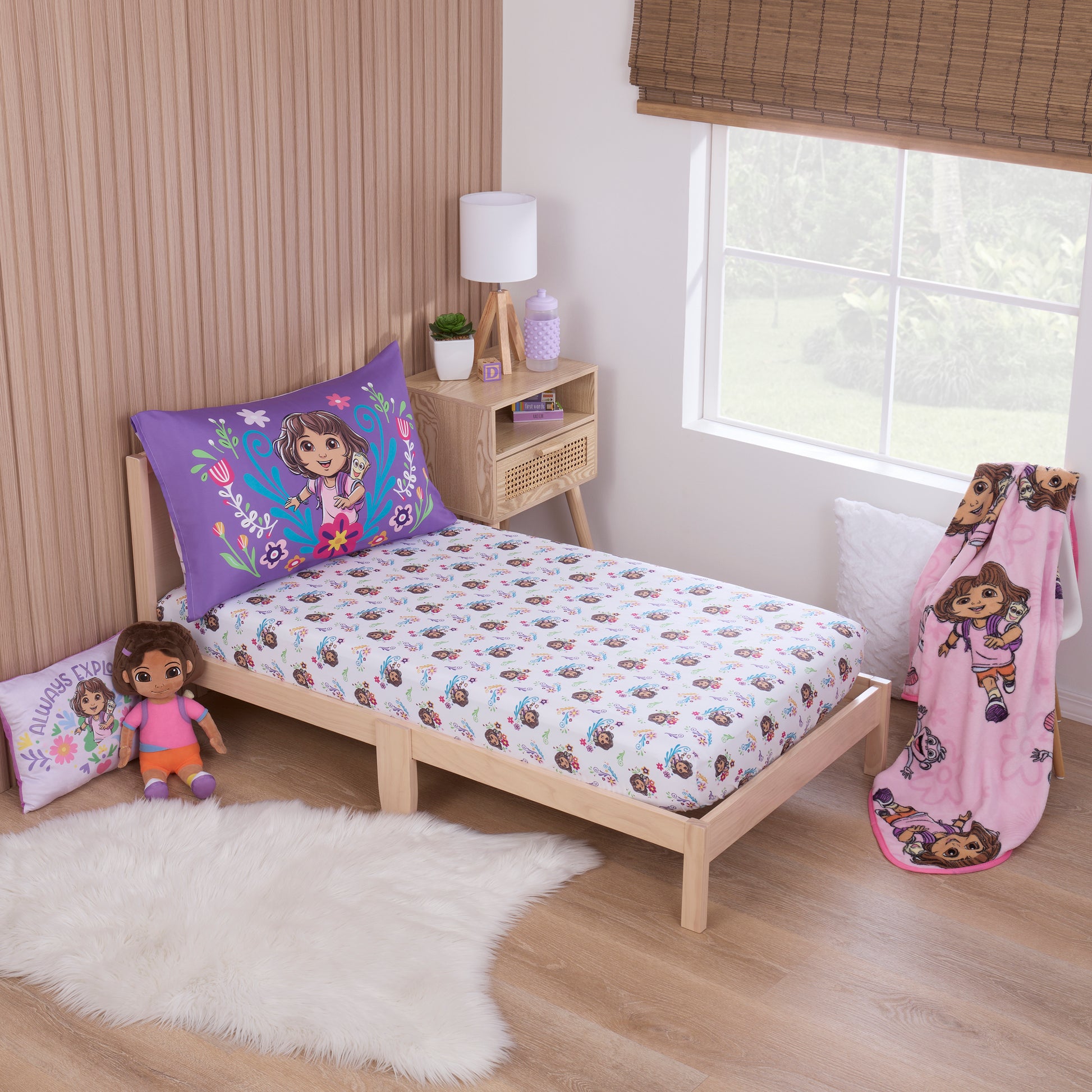 NoJo Dora Adventure Awaits 2 Piece Toddler Sheet Set - Fitted Sheet and Reversible Pillowcase, Lavender