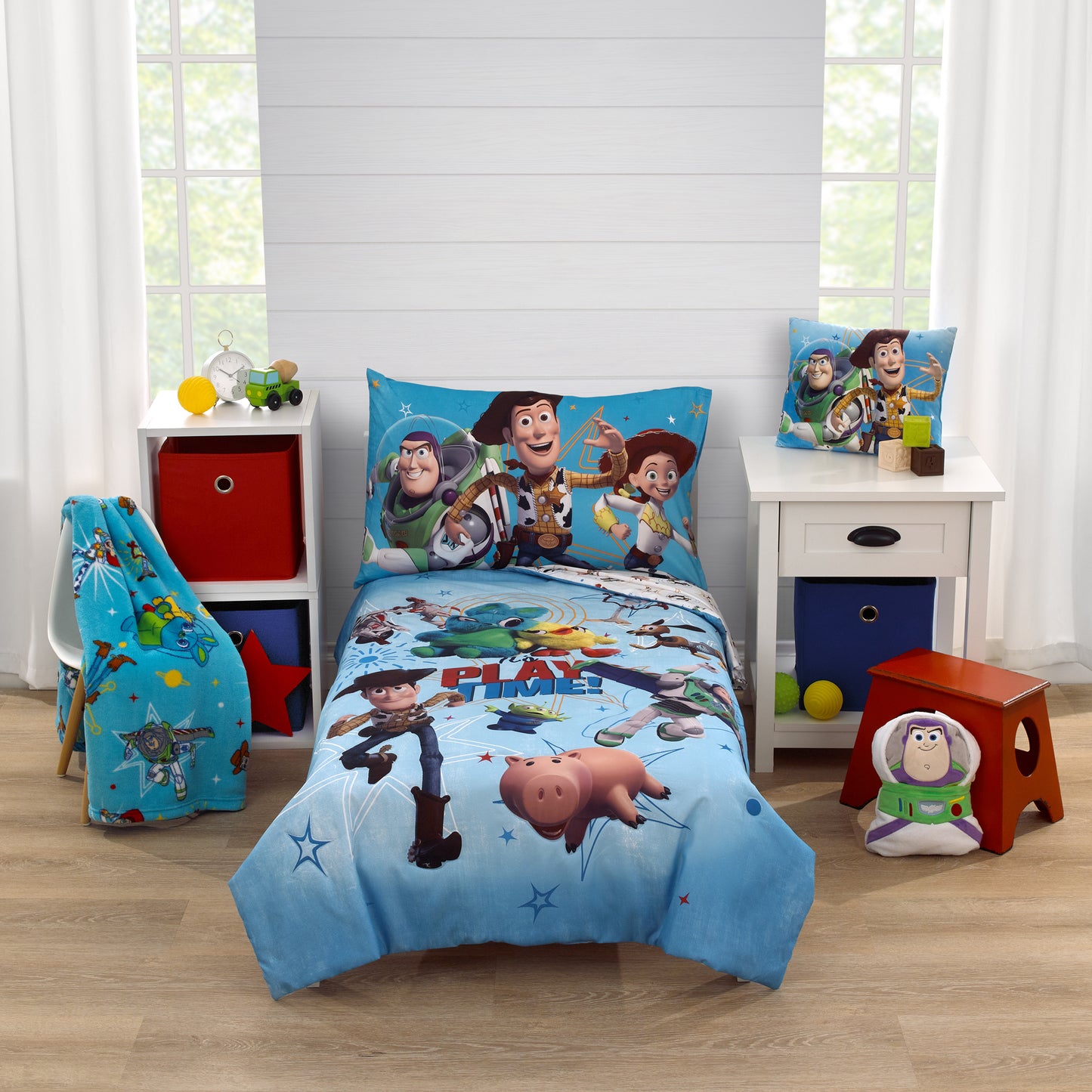 Disney Toy Story It's Play Time Blue, Green, Red, and Yellow, Woody and Buzz 4 Piece Toddler Bed Set - Comforter, Fitted Bottom Sheet, Flat Top Sheet, and Reversible Pillowcase