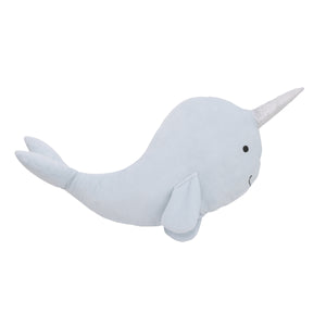 Little Love by NoJo Light Blue Whimsical Narwhal Shaped Decorative Pillow with 3D Silver Metallic Horn