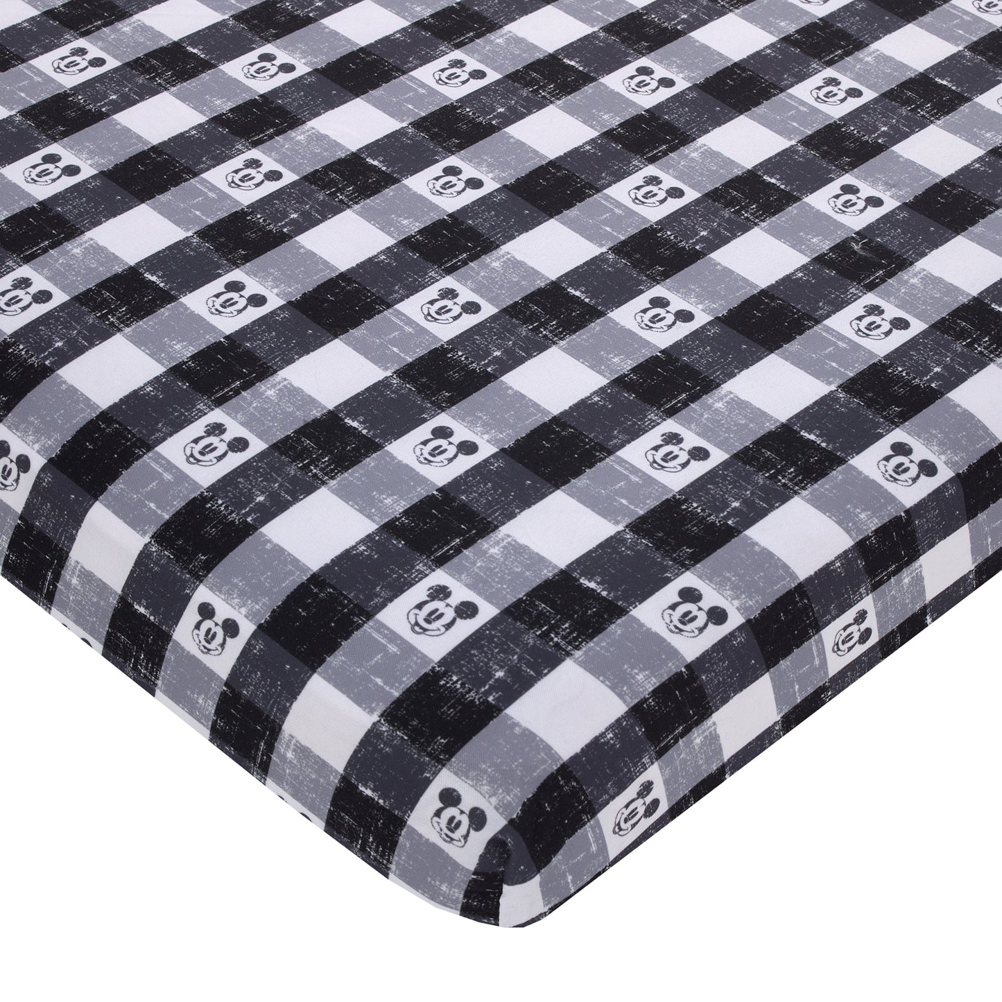 Disney Mickey Mouse - Black, White and Gray Plaid Nursery Fitted Mini Crib Sheet