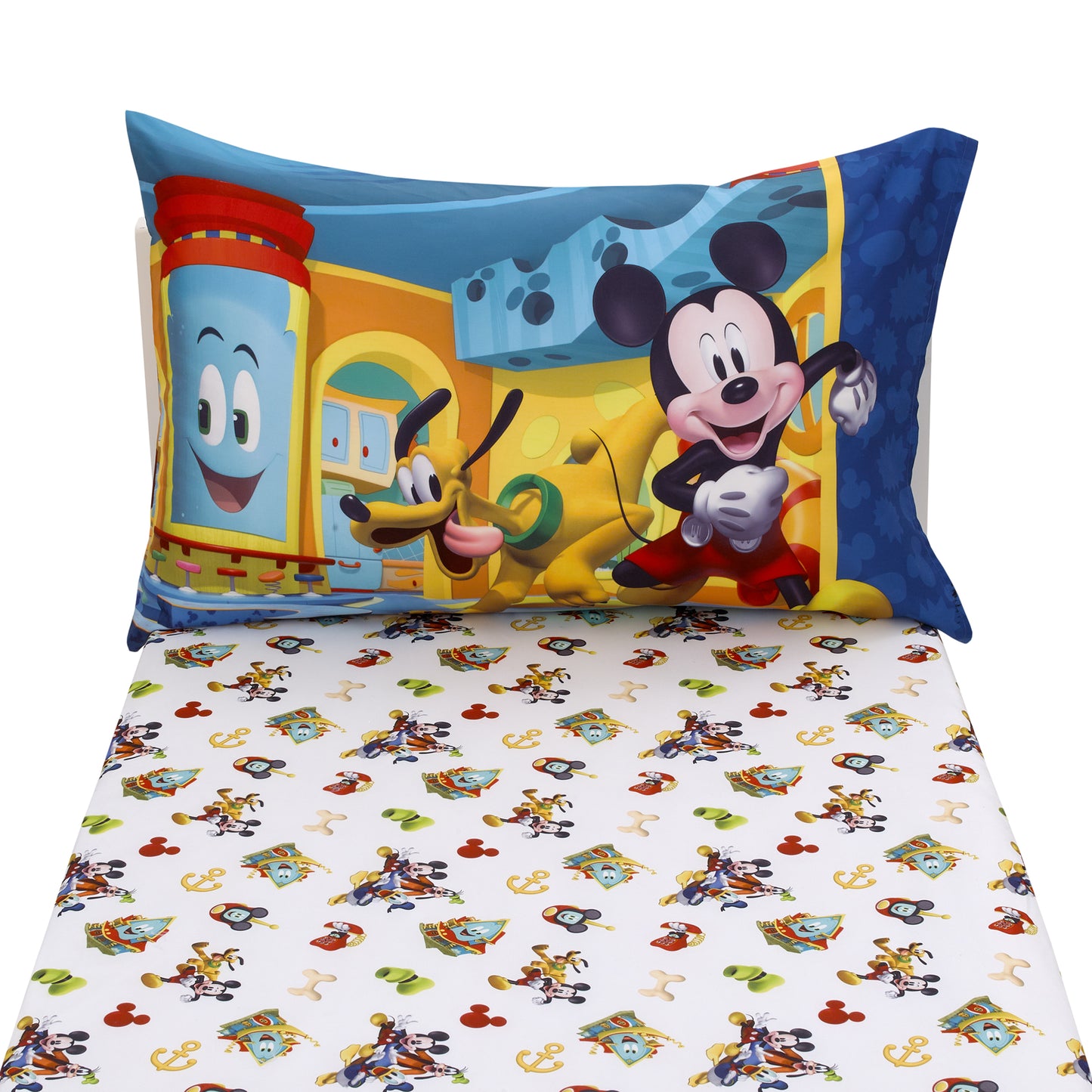 Disney Mickey Mouse Funhouse Crew Blue, Red, Yellow, and White, Funny, Donald Duck, Goofy and Pluto 2 Piece Toddler Sheet Set - Fitted Bottom Sheet and Reversible Pillowcase