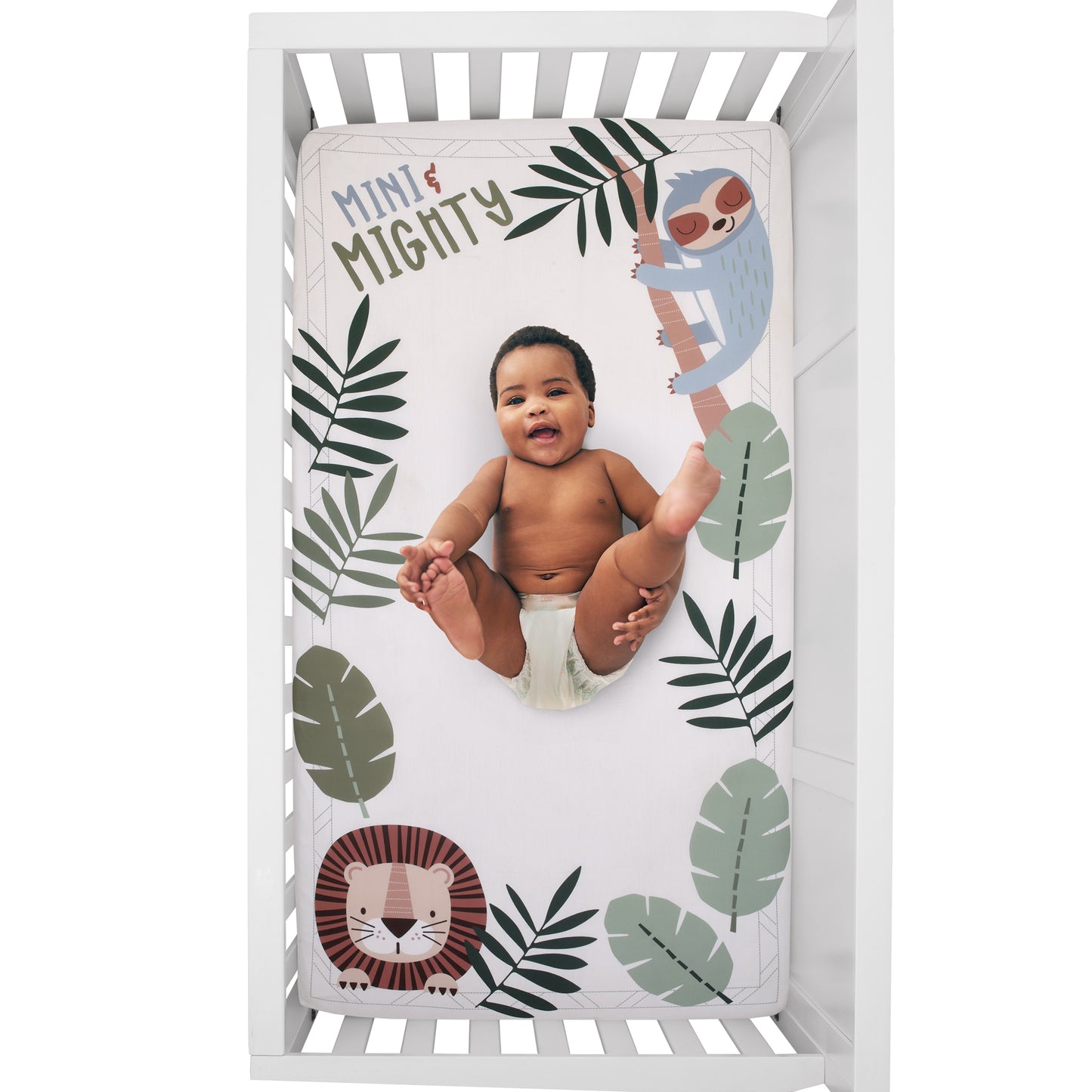 NoJo Jungle Paradise Mini & Mighty Green, Gray and White Lion, Sloth, and Leopard 100% Cotton Photo Op Fitted Crib Sheet