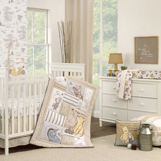 Disney Classic Pooh Hunny Fun with Piglet and Eeyore The Hundred Acre Woods Taupe 3 Piece Nursery Crib Bedding Set - Comforter, 100% Cotton Fitted Crib Sheet, and Crib Skirt