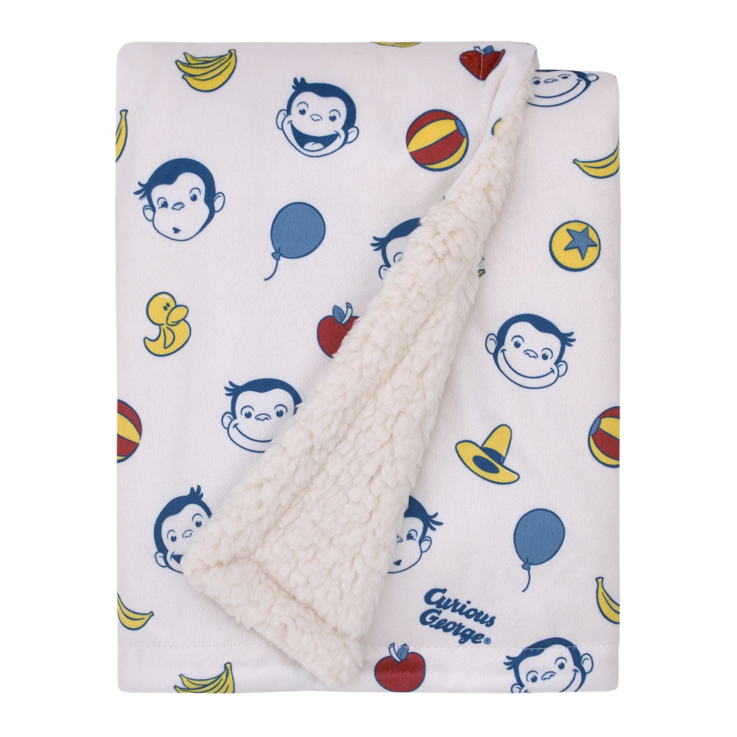 Welcome to the Universe Baby Curious George White, Blue, Red, and Yellow Balloons, Bananas and Hats Super Soft Sherpa Baby Blanket
