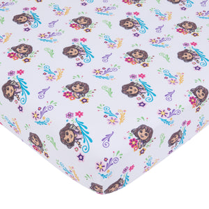 NoJo Dora Adventure Awaits 4 Piece Toddler Bed Set - Comforter, Fitted Bottom Sheet, Flat Top Sheet, Reversible Pillowcase, Lavender