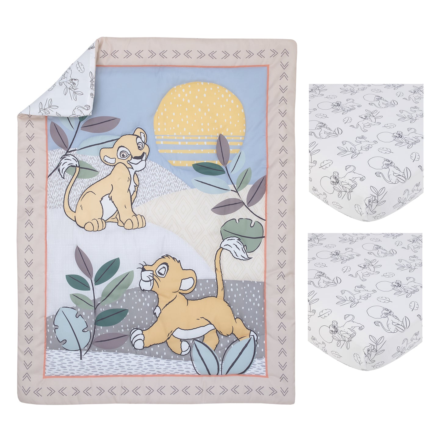 Disney Lion King Leader of the Pack Taupe and Green Simba and Nala Sunset and Leaves 3 Piece Nursery Mini Crib Bedding Set - Comforter and Two Fitted Mini Crib Sheets