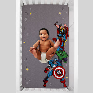 Marvel Comics Grey, White, Red, and Blue, Captain America, Hulk, Spider-Man and Thor Photo Op Fitted Crib Sheet