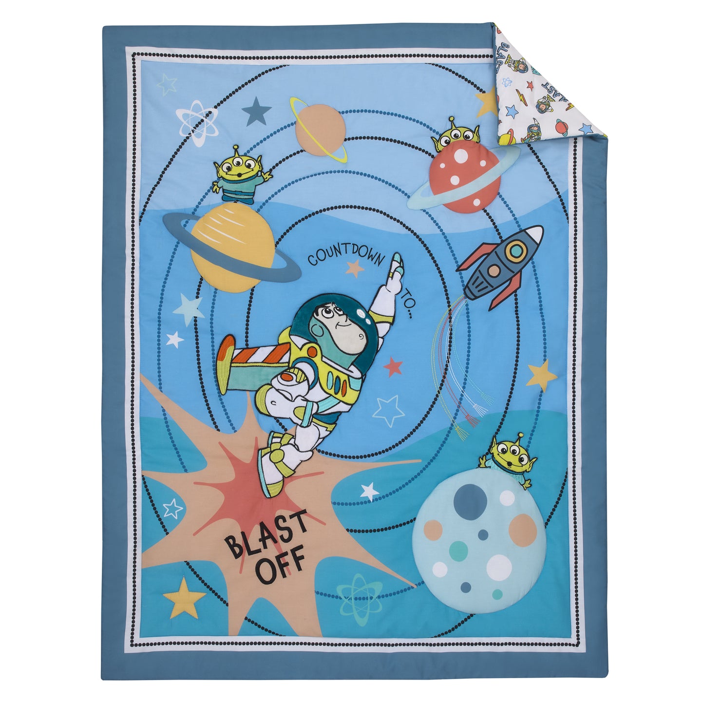 Disney Toy Story Buzz Lightyear Blue, Orange, and Yellow Countdown to Blast-Off 3 Piece Nursery Crib Bedding Set - Comforter, 100% Cotton Fitted Crib Sheet and Crib Skirt