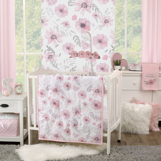 Little Love by NoJo Beautiful Blooms Pink, White, and Grey Floral 3 Piece Nursery Mini Crib Bedding Set - Comforter and Two Fitted Mini Crib Sheets