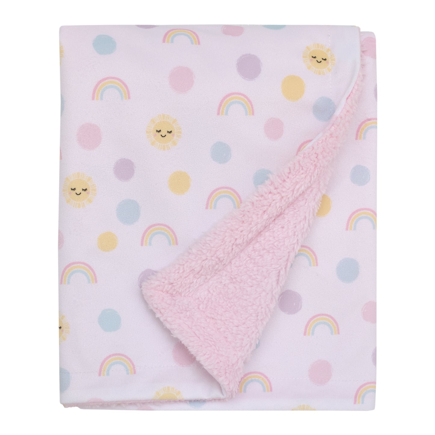 NoJo Happy Days Pink, Yellow and Blue Rainbows, Sun and Polka-Dot Super Soft Sherpa Baby Blanket