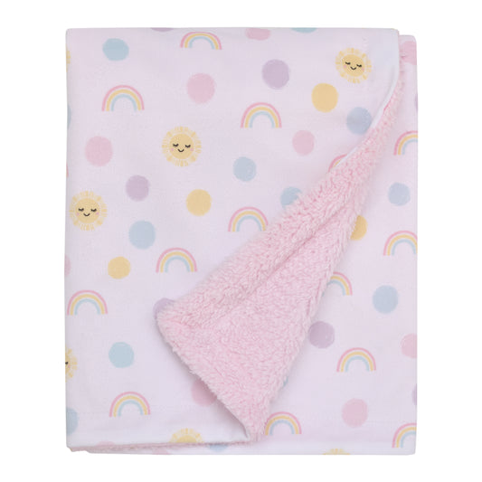 Happy Days Pink, Yellow and Blue Rainbows, Sun and Polka-Dot Super Soft Sherpa Baby Blanket