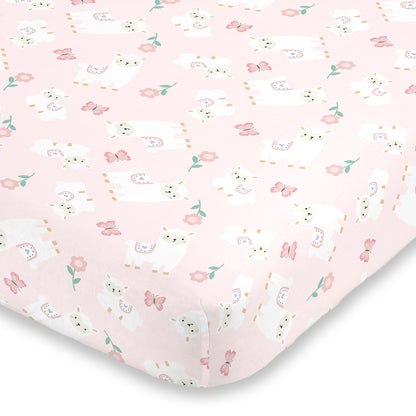 Little Love by NoJo Sweet Llama and Butterflies Floral Pink and White Super Soft Fitted Crib Sheet