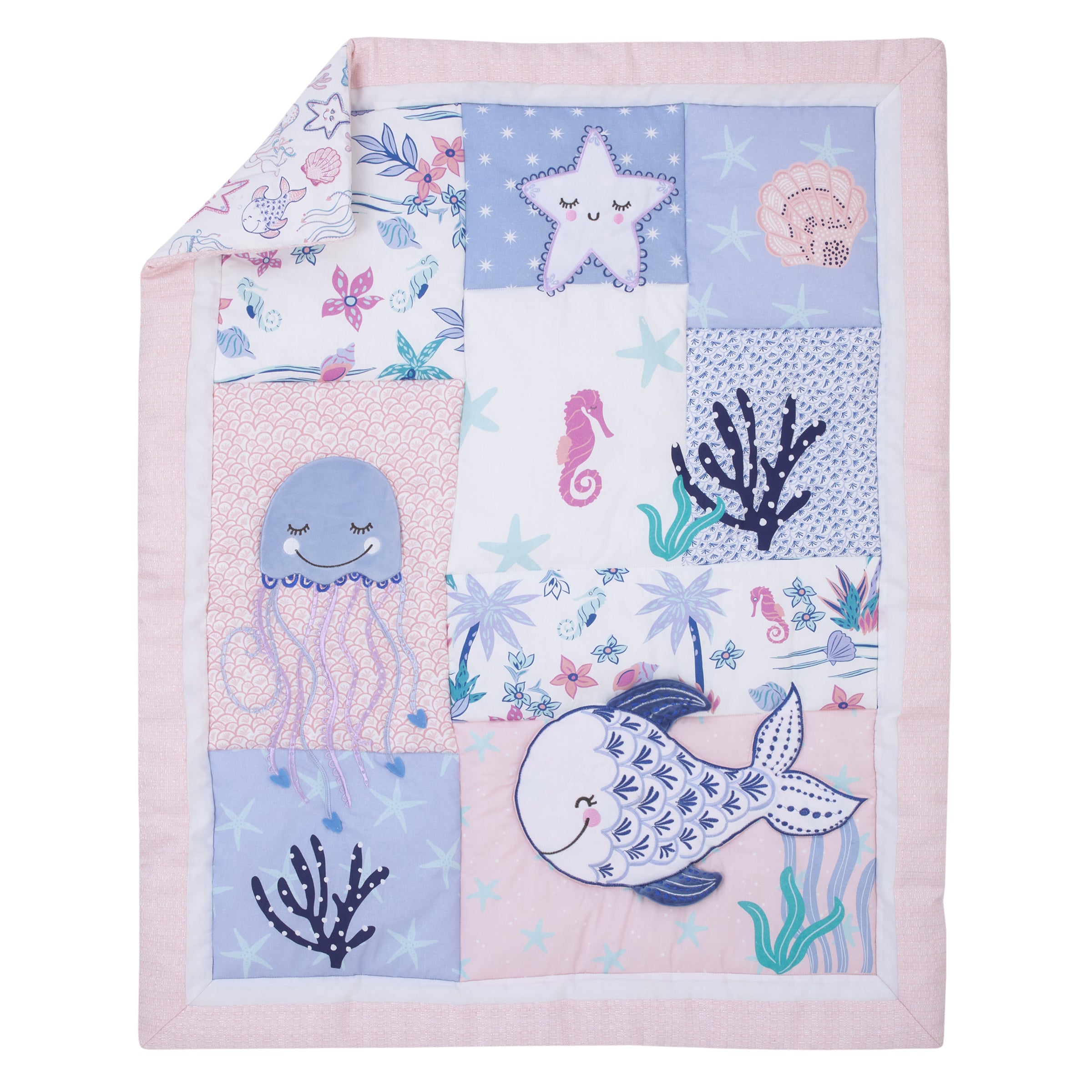 NoJo Mermaid Lagoon Pink Blue and White Undersea Friends Fish Coral Jellyfish and Starfish 4 Piece Nursery Crib Bedding Set Comforter 100 Cotton Fitted Crib Sheet Crib Skirt and Storage Caddy NoJo Bab...