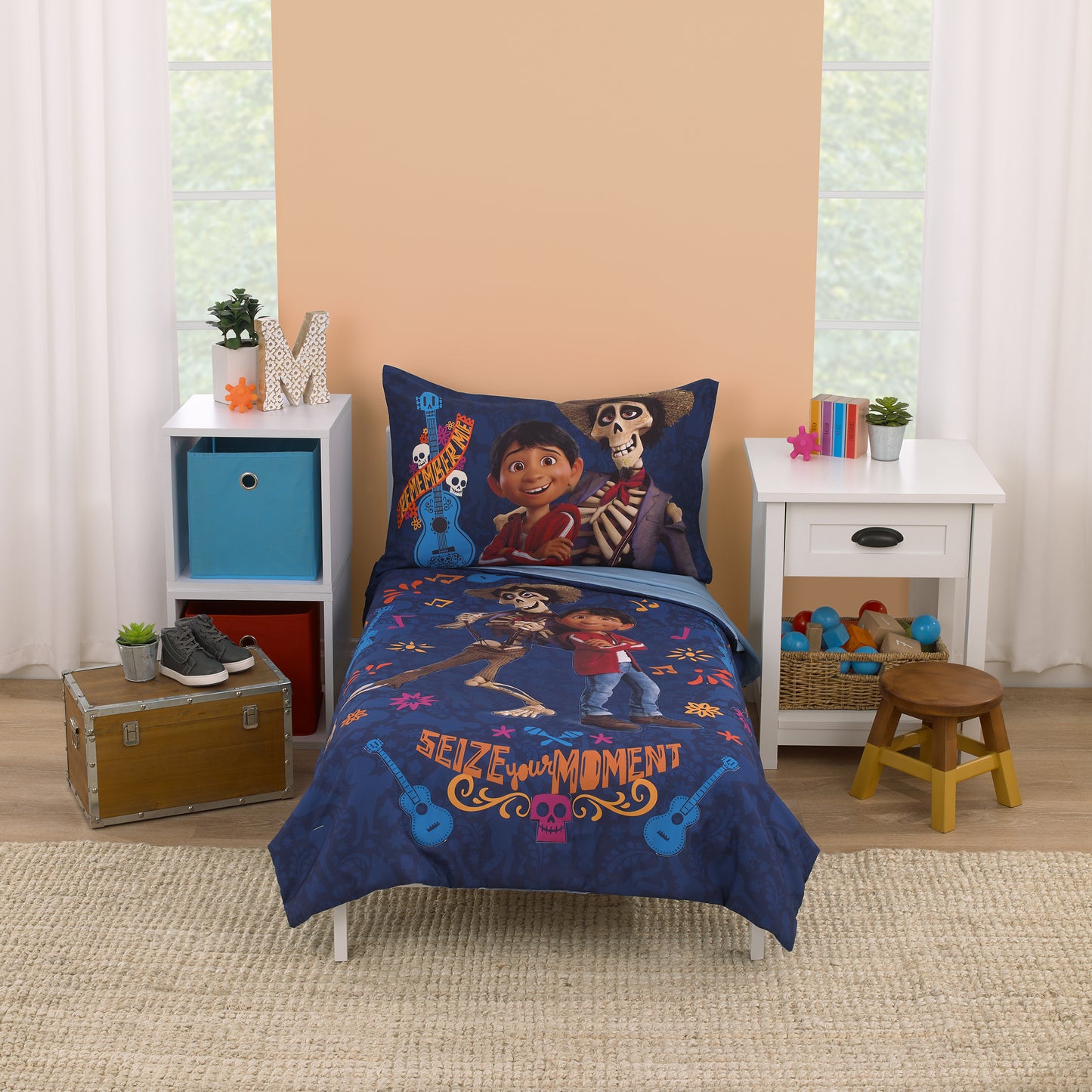 Disney Coco Navy, Orange, and Light Blue, Seize Your Moment 4 Piece Toddler Bed Set - Comforter, Fitted Bottom Sheet, Flat Top Sheet, and Reversible Pillowcase