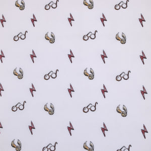 Warner Bros  Harry Potter White, Red, and Gold Lightning Bolt, Golden Snitch, and Glasses Nursery Fitted Crib Sheet