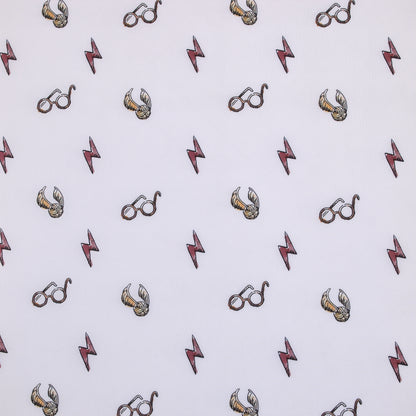 Warner Brothers Harry Potter White, Red, and Gold Lightning Bolt, Golden Snitch, and Glasses Nursery Fitted Crib Sheet