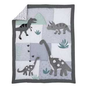 NoJo Baby-Saurus Gray, White, and Green Triceratops,  Brontosaurus, and Tyrannosaurus Dinosaurs with Mountains and Leaves 4 Piece Nursery Crib Bedding Set - Comforter, 100% Cotton Fitted Crib Sheet, Crib Skirt, and Storage