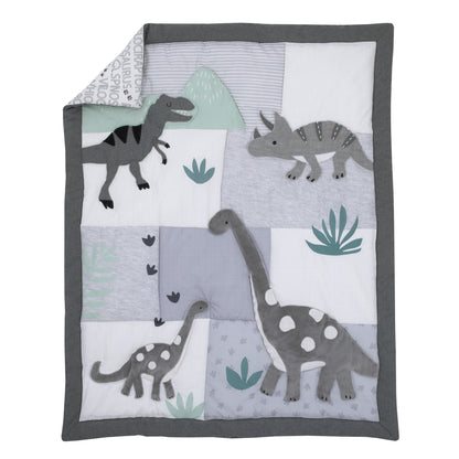 NoJo Baby-Saurus Gray, White, and Green Triceratops,  Brontosaurus, and Tyrannosaurus Dinosaurs with Mountains and Leaves 4 Piece Nursery Crib Bedding Set - Comforter, 100% Cotton Fitted Crib Sheet, Crib Skirt, and Storage