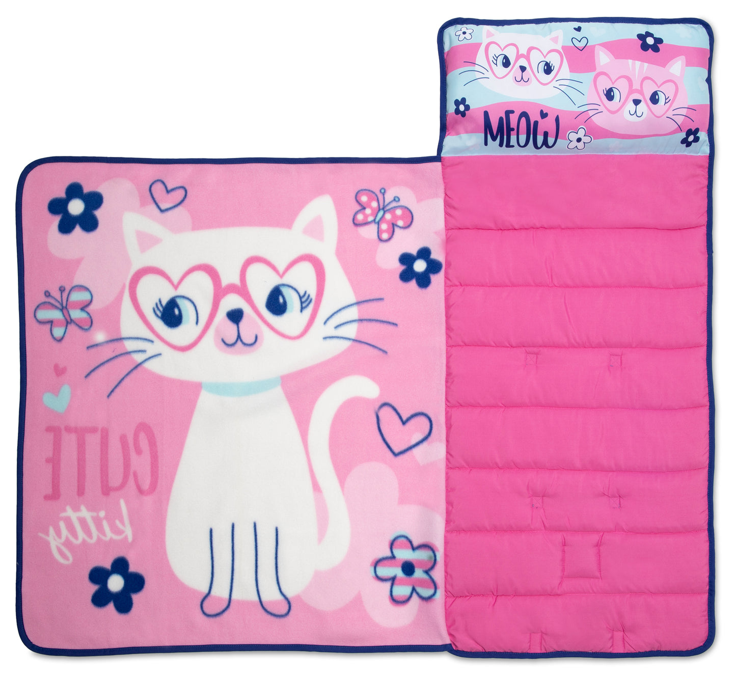 NoJo Cute Kitty Toddler Nap Mat - Includes Attached Pillow and Fleece Blanket