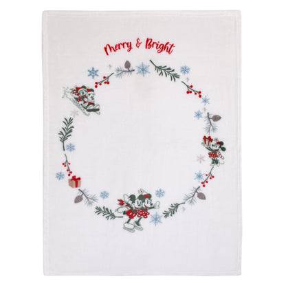 Disney Mickey and Minnie Mouse White, Red, and Green Christmas Holiday Wreath "Merry and Bright" Photo Op Super Soft Baby Blanket