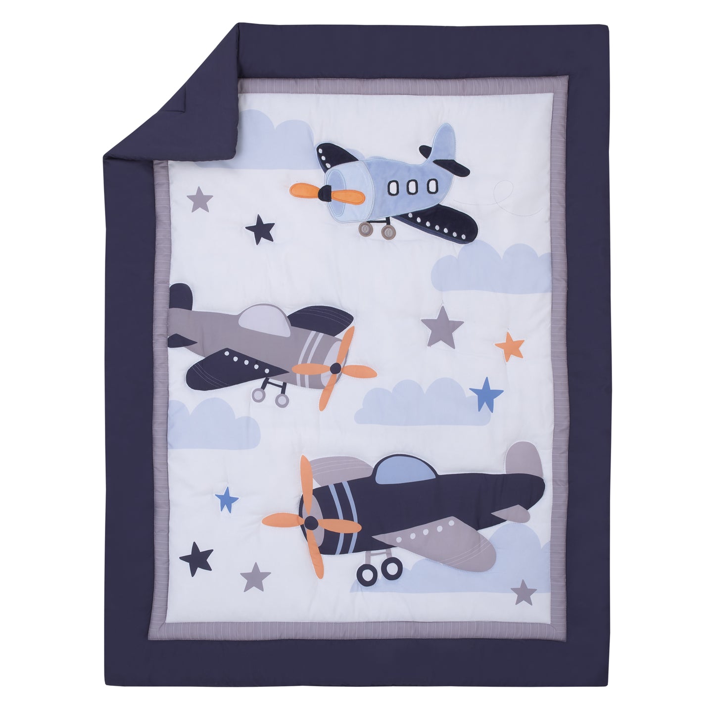 Little Love by NoJo Soar High Little One Navy, Light Blue, Orange, and White Airplanes, Clouds, and Stars 3 Piece Nursery Crib Bedding Set - Comforter, Fitted Crib Sheet and Crib Skirt