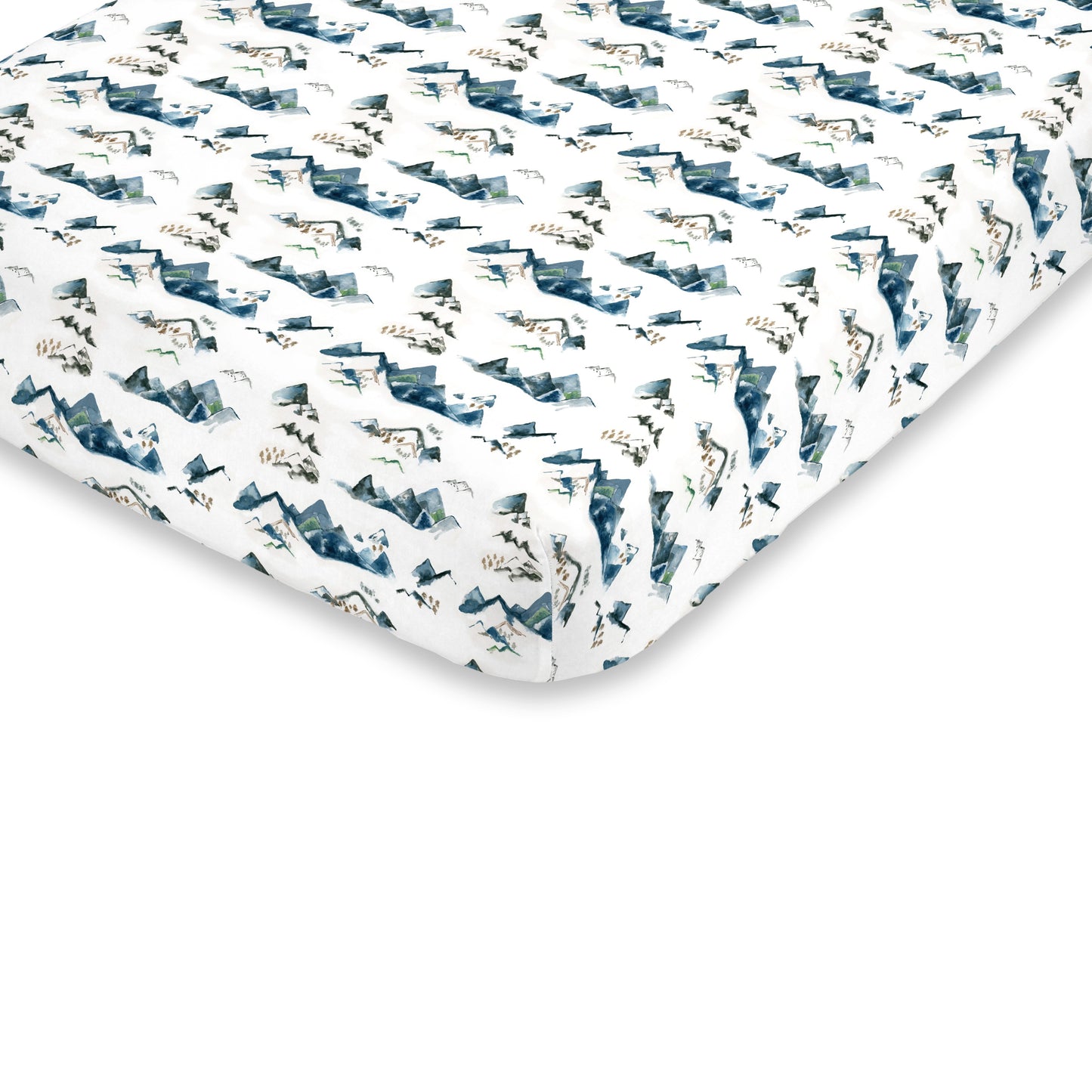 NoJo Super Soft Blue, Green, Tan and White Mountain Watercolor Fitted Mini Crib Sheet
