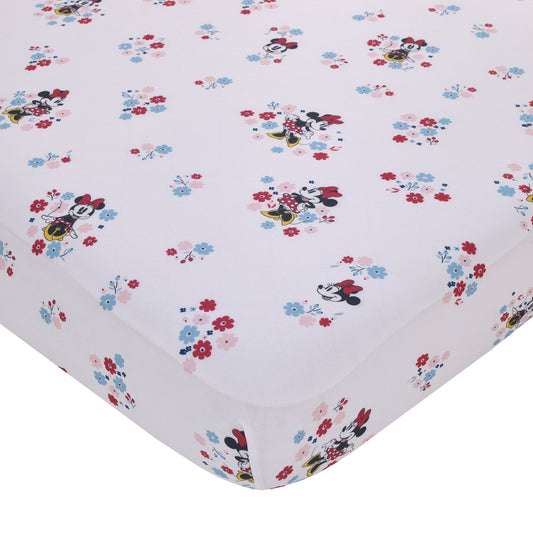 Disney Minnie Mouse - Pink, Blue and White Small Town Floral Nursery Fitted Crib Sheet