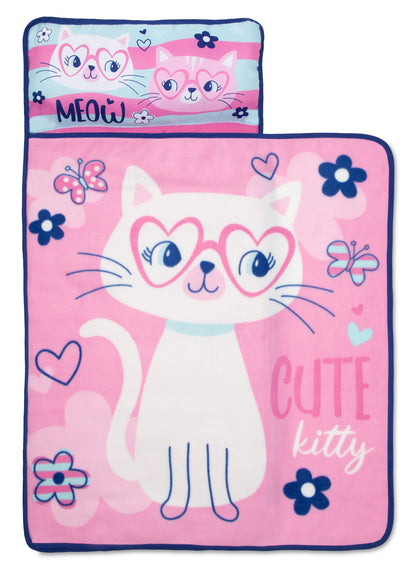 NoJo Cute Kitty Toddler Nap Mat - Includes Attached Pillow and Fleece Blanket