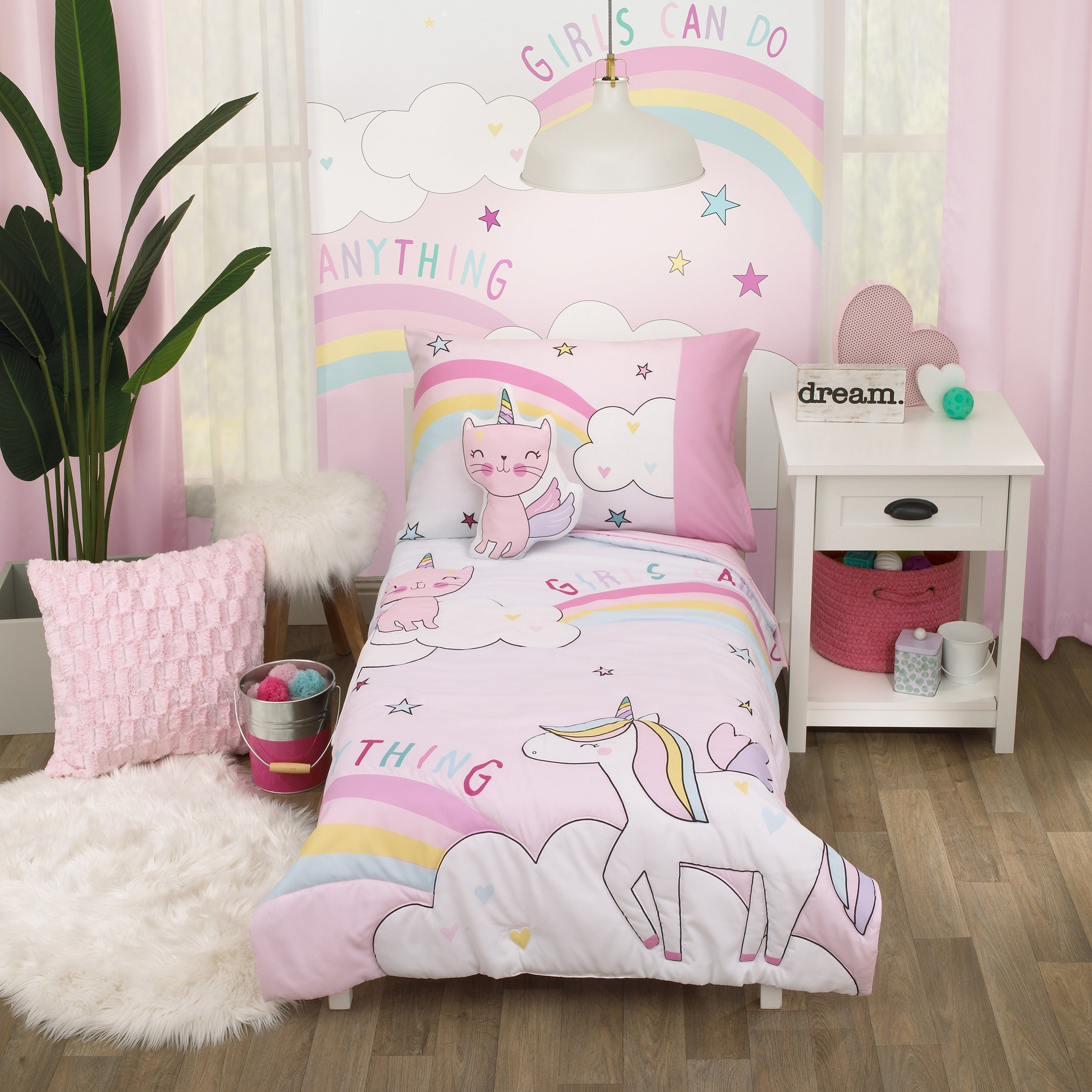 Everything Kids Caticorn Girl Power Pink and White with Pastel Rainbows and White Clouds Girls Can