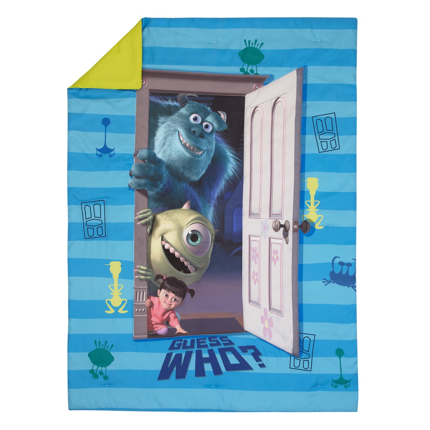 Disney Monsters Inc. Guess Who Blue and Green Sully, Mike, and Boo 4 Piece Toddler Bed Set - Comforter, Fitted Bottom Sheet, Flat Top Sheet, and Reversible Pillowcase