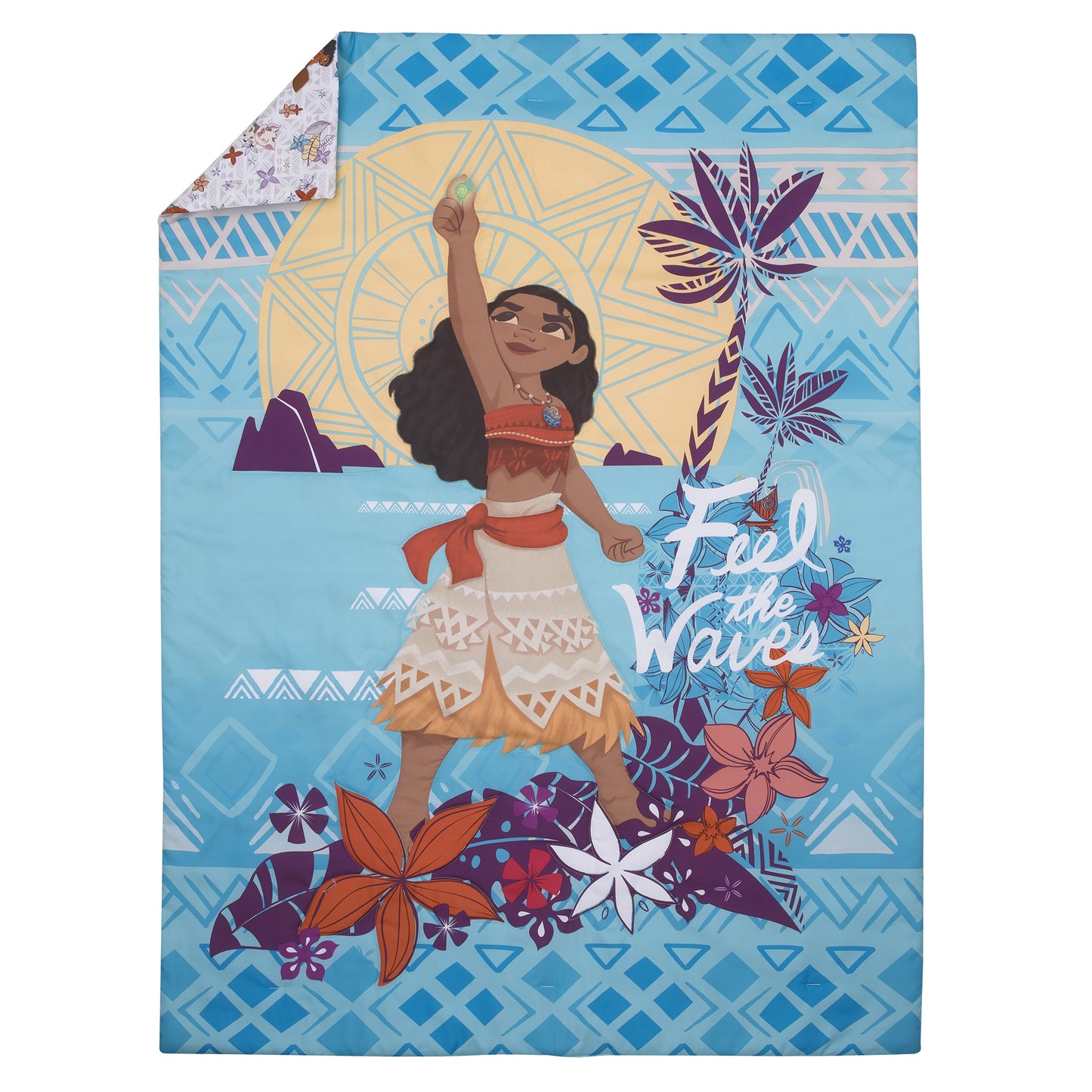 Disney Moana Free as the Ocean Aqua, Purple, Orange and White Tropical 4 Piece Toddler Bed Set - Comforter, Fitted Bottom Sheet, Flat Top Sheet, and Reversible Pillowcase