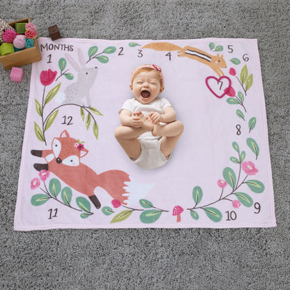 Little Love by NoJo Woodland Animals Pink and Green Bunny, Fox and Squirrel Super Soft Photo Op Milestone Baby Blanket