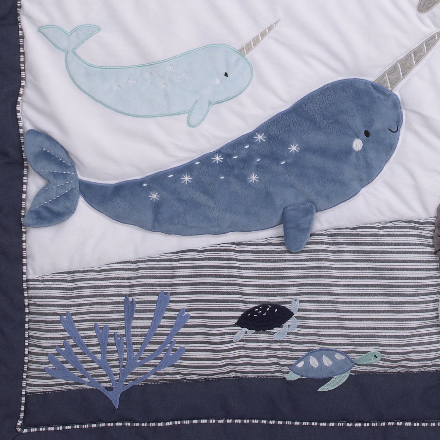 NoJo Seas The Day Blue and White Whale, Narwhal, Sea Lion, Shark 4 Piece Crib Bedding Set - Comforter, 100% Cotton Fitted Crib Sheet, Crib Skirt, and Storage