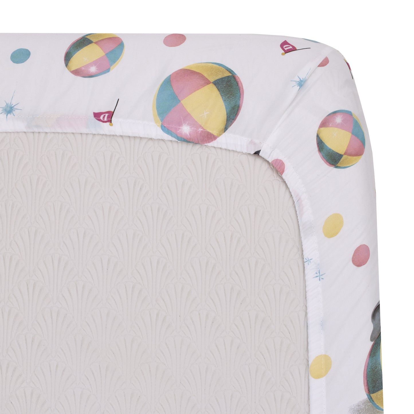 Disney Vintage Dumbo - Gray, White and Multi-Colored Circus Flags, Balls and Timothy Mouse Nursery Fitted Crib Sheet