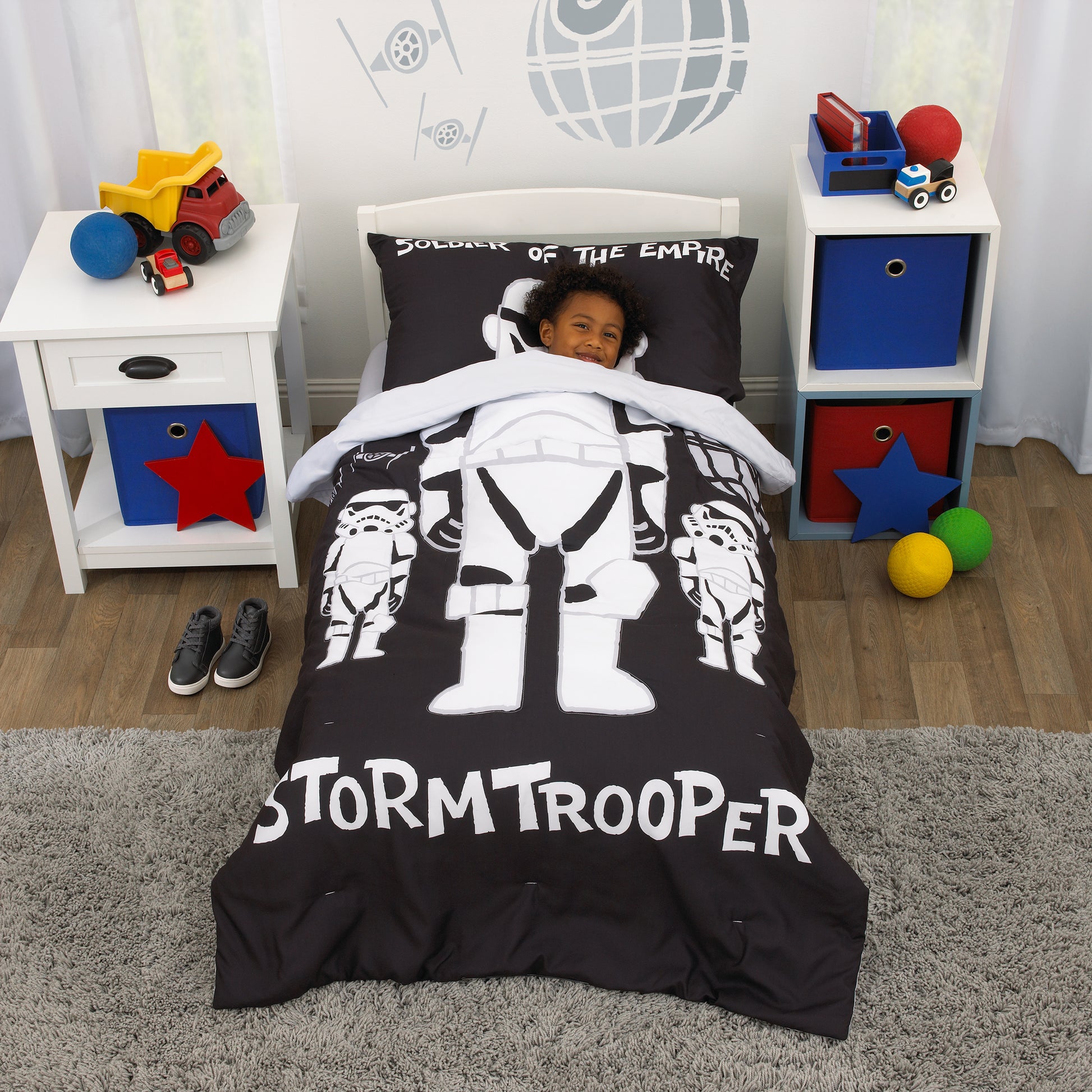 Storm Trooper Black and White 4 Piece Toddler Bed Set - Comforter, Fitted Bottom Sheet, Flat Top Sheet, and Reversible Pillowcase