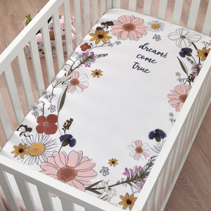 NoJo Keep Blooming Pink, White, Purple and Gold 'Dreams Come True' Wild Flowers 100% Cotton Photo Op Nursery Fitted Crib Sheet