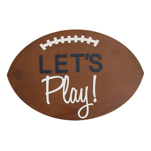 Football Shaped Let's Play Brown and White Wood Wall Décor