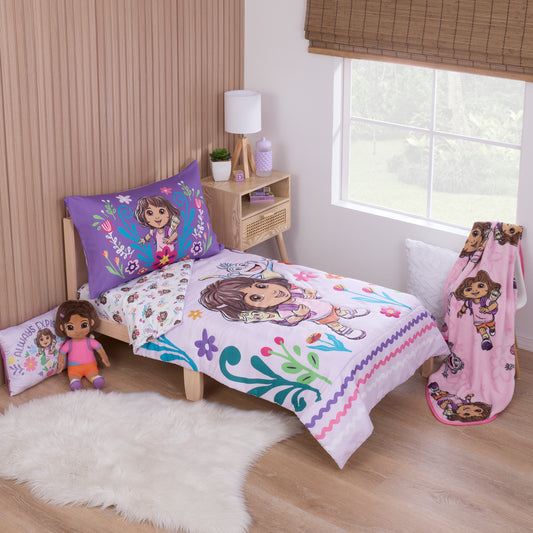 NoJo Dora Adventure Awaits 4 Piece Toddler Bed Set - Comforter, Fitted Bottom Sheet, Flat Top Sheet, Reversible Pillowcase, Lavender